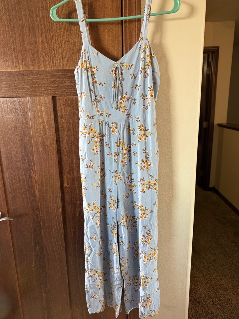 Xhilaration Light Blue Floral Romper with Tie-Front Spaghetti Straps